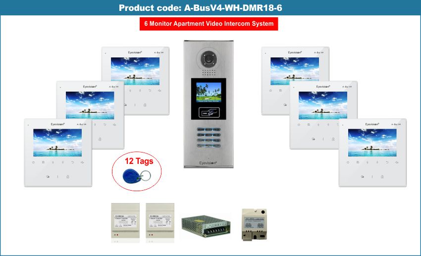 6 Apartments video intercom system with keypad + Proximity card reader